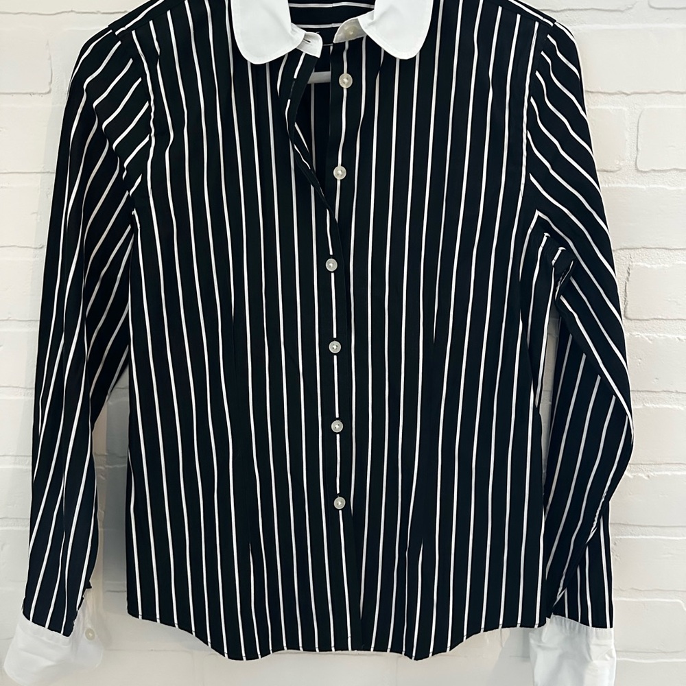 Lauren Black and White Striped Button-Up Shirt with Contrast Collar